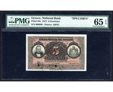 Greece, P 64s, Pitidis-Poutous 48c, National Bank of Greece, 5 Drachmai, 1918, SPECIMEN. Portrait of G. Stavros at left, coat