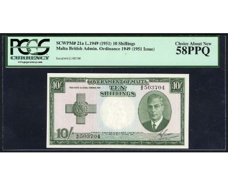 Malta, P 21, Linzmayer GOM B20a, Government of Malta, 10 Shillings, L.1949, (1951). George Cross at left, portrait of King Ge