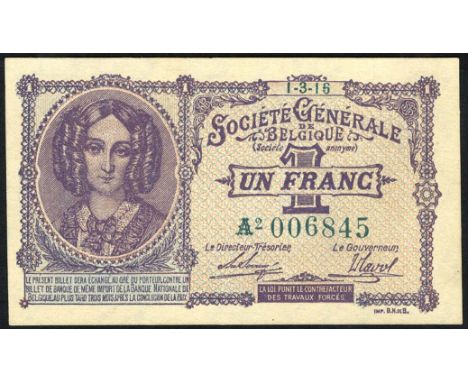 Belgium, NBBB-2, P 86b, Société Générale de Belgique, 1 Franc, 1 March 1916. Portrait of Queen Louise-Marie at left on front.