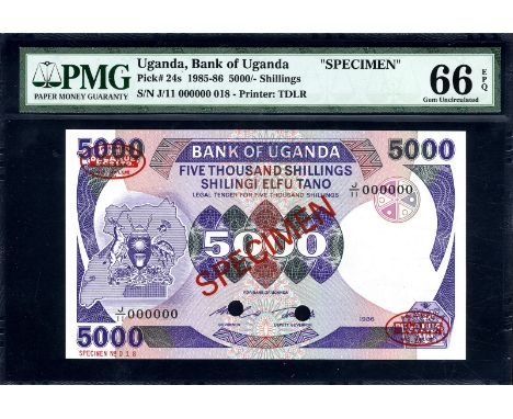 Uganda, P 24s, Bank of Uganda, 5,000 Shillings, 1986, SPECIMEN. Coat of arms of Uganda at left on front. Building with clock 