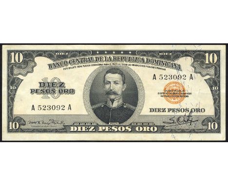 Dominican Republic, P 69, Banco Central de la Républica Dominicana, 10 Pesos Oro, (1952). Portrait of Mella at center, text o