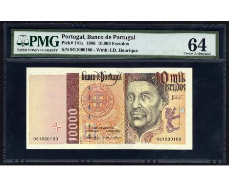 Portugal, P 191a, Banco de Portugal, 10,000 Escudos, 2 May 1996, LOW SERIAL NUMBER 1000100. Coat of arms of Portugal at cente