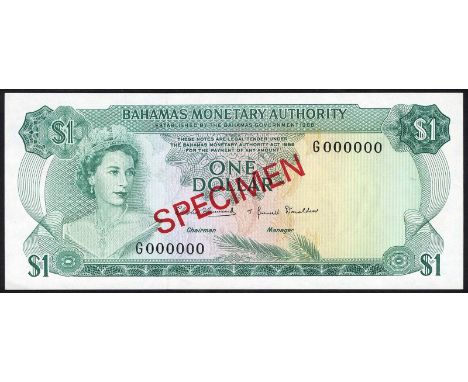 Bahamas, P 27s, Linzmayer BMA B2as, Bahamas Monetary Authority, 1 Dollar, 1968, SPECIMEN. Portrait of Queen Elizabeth II at l
