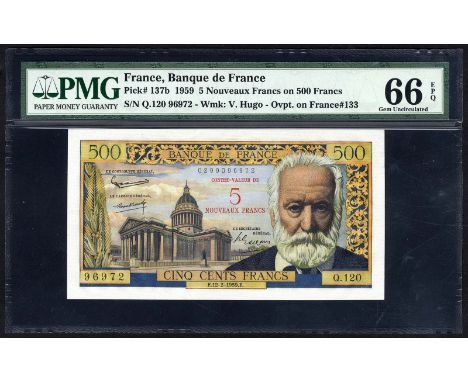 France, P 137b, Fayette 52.2, Banque de France, 5 Nouveau Francs on 500 Francs, 12 February 1959. Portrait of Victor Hugo at 