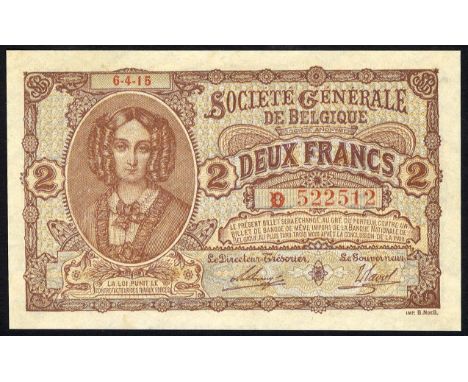 Belgium, NBBB-5, P 87, Société Générale de Belgique, 2 Francs, 14 November 1916. Portrait of Queen Louise-Marie at left on fr