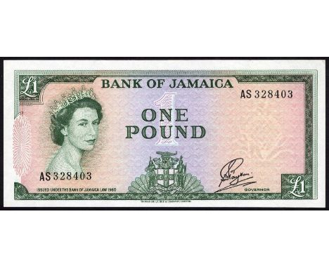 Jamaica, P 51, Linzmayer BOJ B3a, Bank of Jamaica, 1 Pound, L.1960 (1961). Portrait of Queen Elizabeth II at left, coat of ar