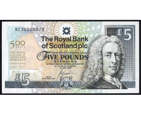 Scotland, P 364, The Royal Bank of Scotland plc. Lot containing 4x 5 Pounds, 1 July 2005, LOW SERIAL NUMBERS. Coat of arms at