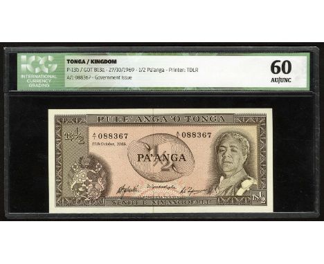 Tonga, P 13b, Linzmayer B113a2, Government of Tonga, ½ Pa'anga, 27 October 1969. Coat of arms of Tonga at left, portrait of Q