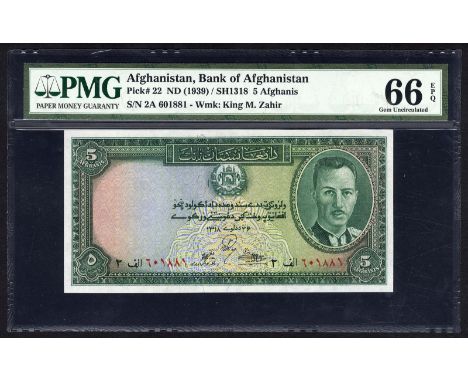 Afghanistan, P 22, Linzmayer DAB Bw2a, Bank of Afghanistan, 5 Afghanis, SH1318 (1939). Coat of arms of Afghanistan at upper c