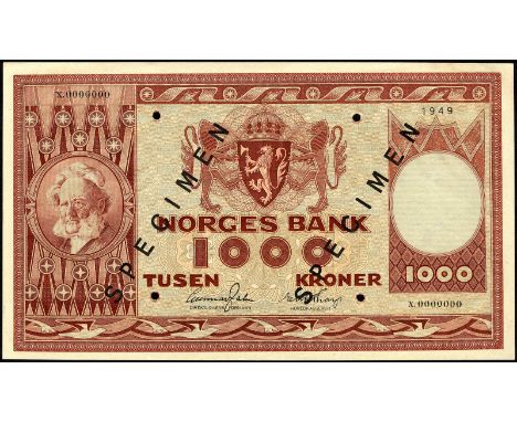 Norway, P 35s, Norges Bank, 1,000 Kroner, 1949, SPECIMEN. Portrait of H. Ibsen at left, coat of arms of Norway at upper cente