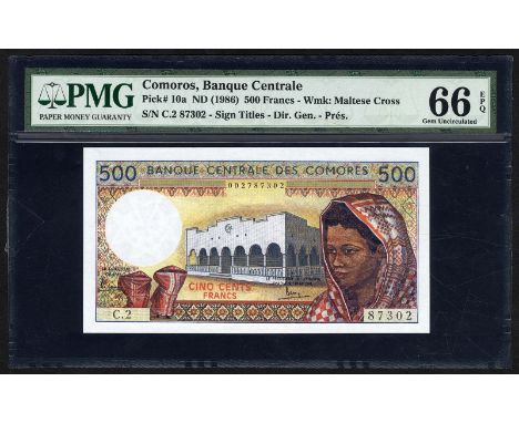 Comoros, P 10a, Linzmayer BCC B1a, Banque Centrale des Comoros, 500 Franks, (1986). Two women wearing shiromani at lower left