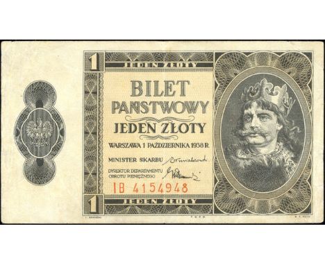 Poland, P 50, Milczak 78b, Ministry of Finance, 1 Zloty, 1 October 1939. Coat of arms of Poland at left, portrait of King Bol