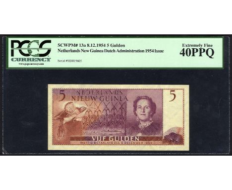 Netherlands New Guinea, P 13a, Dutch Administration New Guinea, 5 Gulden, 8 December 1954. Sicklebill at left, portrait of Qu