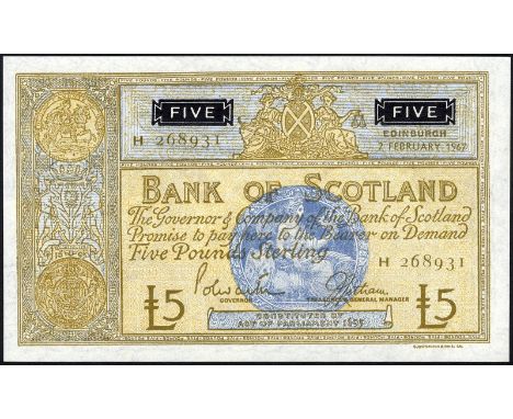 Scotland, P 106c, Bank of Scotland, 5 Pounds, 2 February 1967. Coat of arms of Bank of Scotland at upper center, medaillon wi