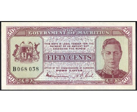 Mauritius, P 25, The Government of Mauritius, 50 Cents, (1940). Coat of arms of Mauritius at left, portrait of King George VI