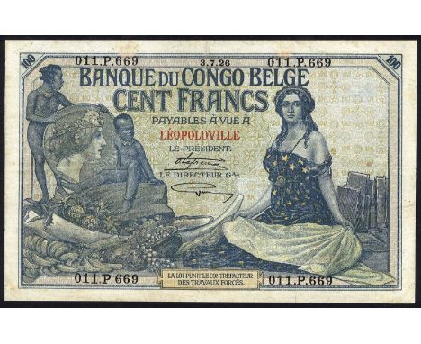 Belgian Congo, P 11c, NBBC-B25, Banque du Congo Belge, Léopoldville, 100 Francs, 3 July 1926. Woman standing holding portrait