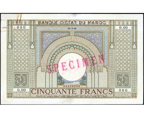 Morocco, P 21s, Banque d'État du Maroc, 50 Francs, (1936-49), SPECIMEN. Arch at center on front. Arch at left and right on ba