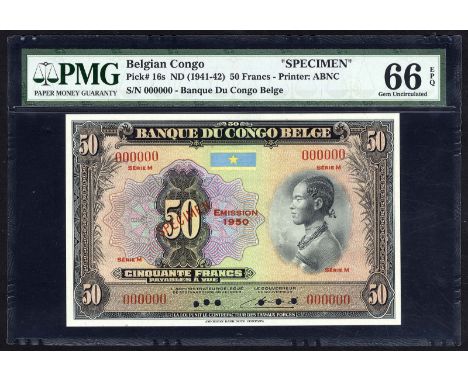 Belgian Congo, P 16s, NBBC-B24, Banque du Congo Belge, 50 Francs, (1941-42), 1950, SPECIMEN. Portrait of woman at right on fr