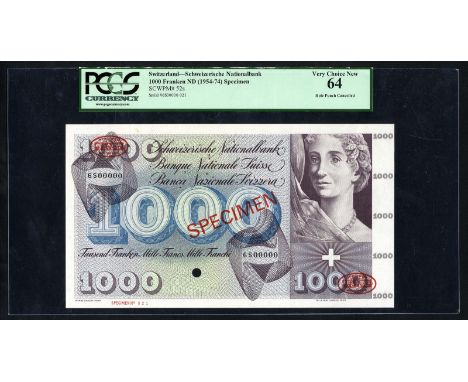 Switzerland, P 52s, Swiss National Bank, 1,000 Franken, (1954-74), SPECIMEN. Portrait of female at right on front. Allegorica