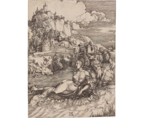 Albrecht Dürer (1471 – Nürnberg – 1528). „Das Meerwunder (Raub der Amymone)“. Wohl vor 1500Kupferstich auf Bütten (Wasserzeic