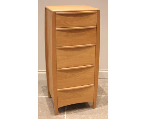 An Ercol light oak Savona tall chest of drawers, late 20th/early 21st century, formed with five drawers upon tapering legs of