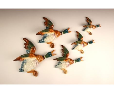 A set of five graduated Beswick wall mallard ducks, model numbers: 196 - 8, 506 - 2, 596 - 0, 596 - 8 and 596 -4, each modell