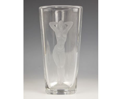 A Viktor Lindstrand for Orrefors glass vase, 20th century, the triangular body with engraved female nude to one side, engrave