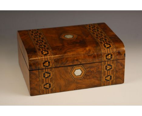 A Victorian figured walnut and parquetry banded work box, the domed top inlaid with a hexagonal mother of pearl cartouche, op