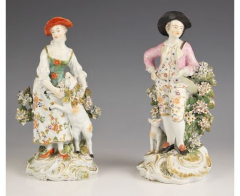 A near pair of Derby porcelain figures of a shepherd and shepherdess, c. 1760-65, the shepherd modelled holding a letter with