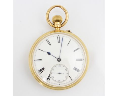 An 18ct yellow gold open faced pocket watch, the circular white enamel dial with Roman numerals and seconds subsidiary dial t