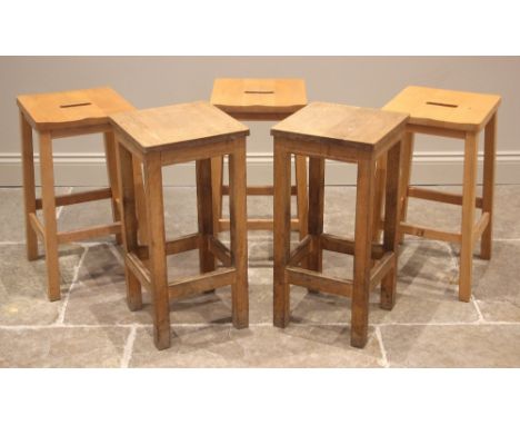 A trio of beech wood bar stools, by Remploy, mid to late 20th century, each with a shaped seat upon legs of square section, 6