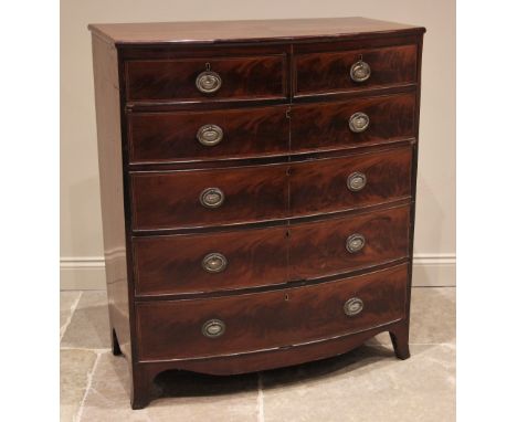 A 19th century mahogany bowfront chest of drawers, formed with two short over four long graduated and cock-beaded oak lined d
