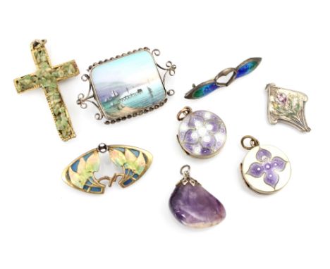 A selection of enamel jewellery, including two enamel locket pendants, Thomas Russell, Chester 1914, with purple and white st
