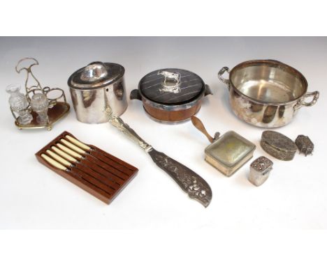 A selection of silver plated wares, including a wooden and silver plate bowl and cover with removable pyrex bowl, the cover w