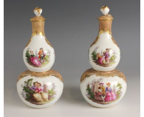 A pair of Augustus Rex double gourd vases and stoppers, 19th century, each decorated with scenes of courting couples divided 