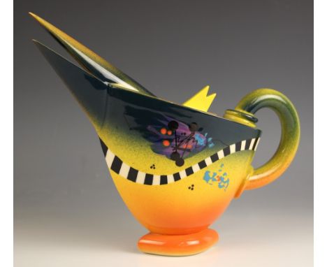A Richard Godfrey (British, 1949-2014) studio pottery slab built teapot and cover, late 20th century, modelled as a stylised 