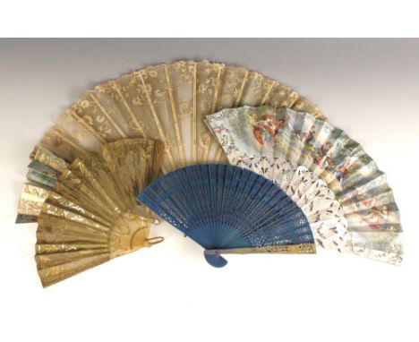 A Victorian fan, with hand coloured scenes of courting couples and pierced mother of pearl sticks, 45cm wide, with four other