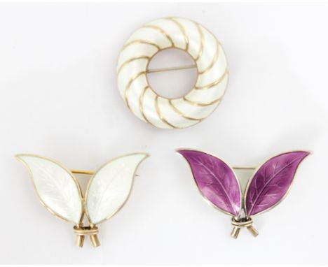 A group of five David Anderson brooches, including a blue guilloche leaf example, stamped 'DA 925 sterling Norway' 7cm long, 