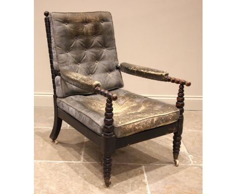 An ebonised bobbin turned open armchair, possibly walnut, mid to late 19th century, with bespoke button back leather cushions