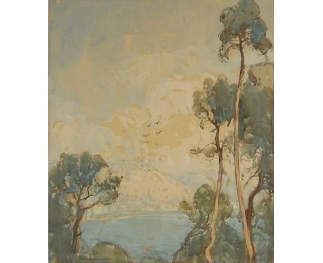 Arthur Henry Knighton-Hammond (British, 1875-1970),A lake scene with town beyond,Watercolour on paper,Signed lower left,52.5c