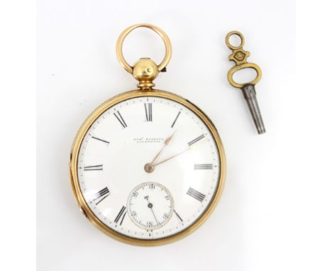 A Victorian 18ct yellow gold open faced pocket watch, the circular white enamel dial with Roman numerals and subsidiary dial 