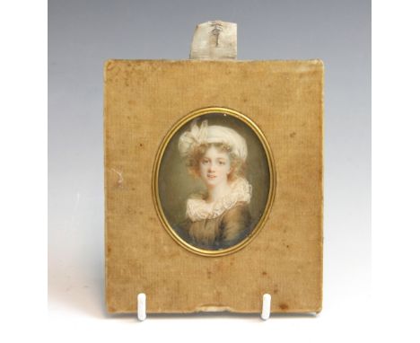 After Elisabeth Louise Vigée Le Brun (French, 1755-1842),A bust length portrait miniature depicting a young girl with lace ru