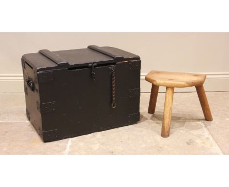 A 19th century painted wooden trunk, applied with side iron swing handles, opening to a vacant interior, the inside of the li