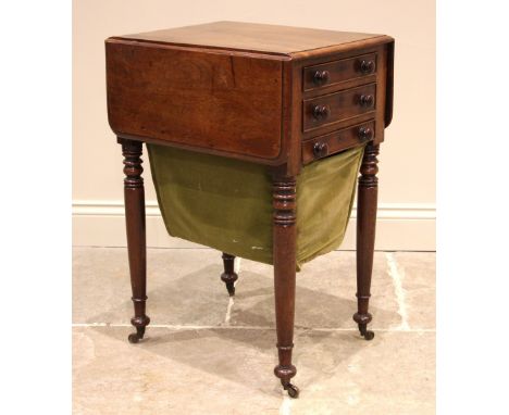 A mid 19th century mahogany work table, the moulded drop leaf top over two drawers and a sliding basket, opposed by three fau