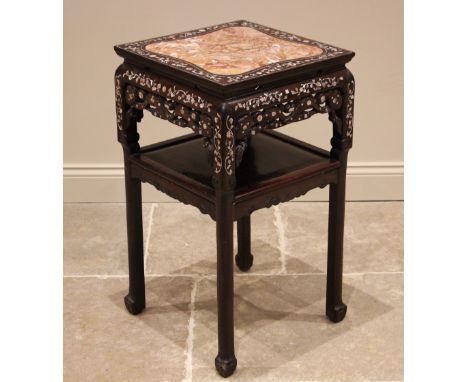 A Chinese rosewood and variegated marble jardinière/urn stand, late 19th/early 20th century, the square top insert with a sha