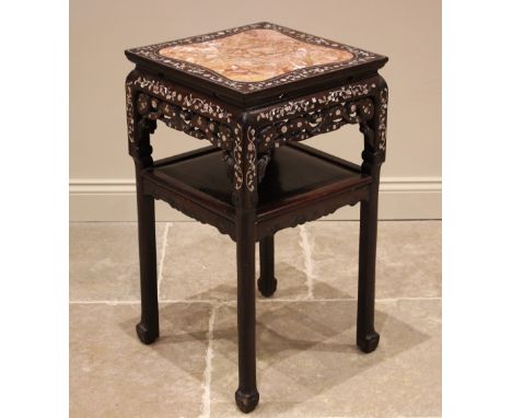 A Chinese rosewood and variegated marble jardinière/urn stand, late 19th/early 20th century, the square top insert with a sha