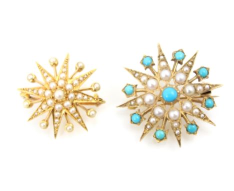 A Victorian style yellow metal and split pearl set brooch, designed as a star burst, pearls in a cut down and claw set settin