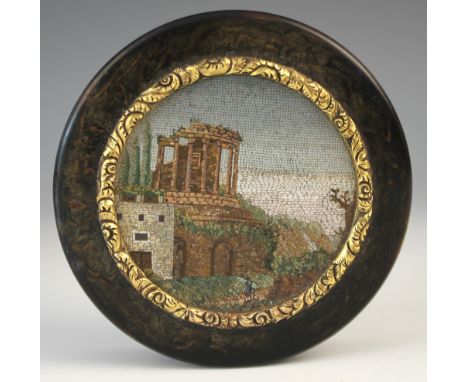 A Grand Tour style micro mosaic mounted on tortoiseshell snuff box, 19th century, 8.5cm diameter, with a  French enamel on co