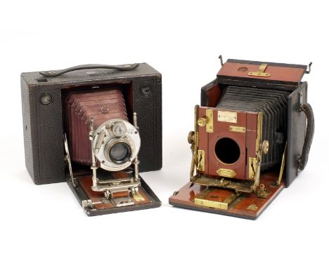 Sanderson &amp; Kodak Folding Plate Cameras. A Sanderson Junior Model body #24678, missing lens and a large, wooden bodied Ko