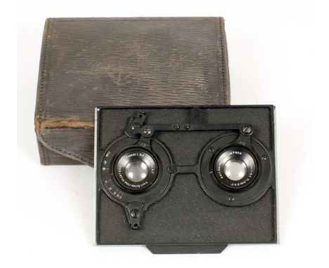 A Matched Pair of CZJ Tessar 9cm f6,3 Lenses. (condition 4F) Coupled for stereo. Mounted in lens panel for use on a stereo (p